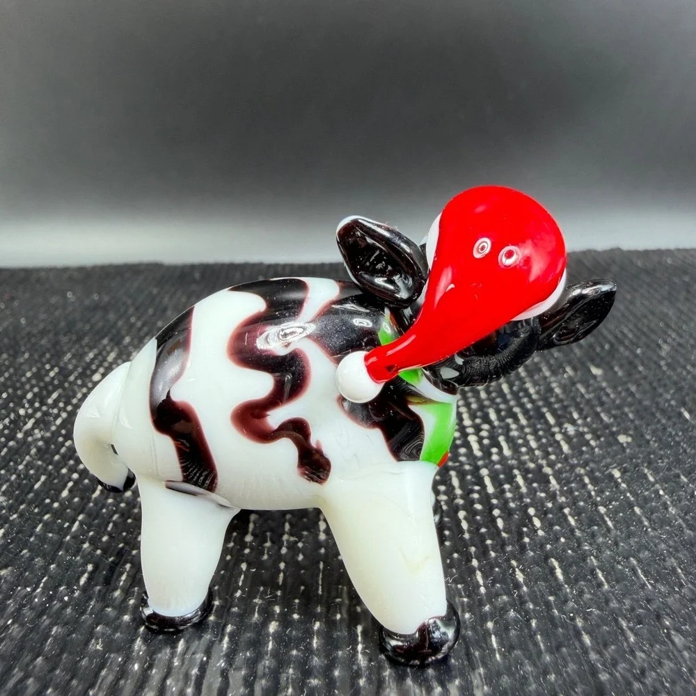 Pier 1 Glass Cow Figurine Santa Hat Christmas Holiday‎ Miniature 3 inch Figure